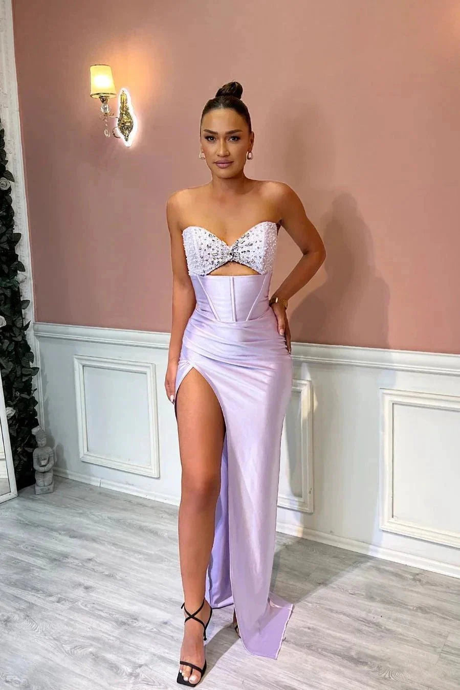 Strapless Beaded Corset Cutout Satin Prom Dress (Lavender)