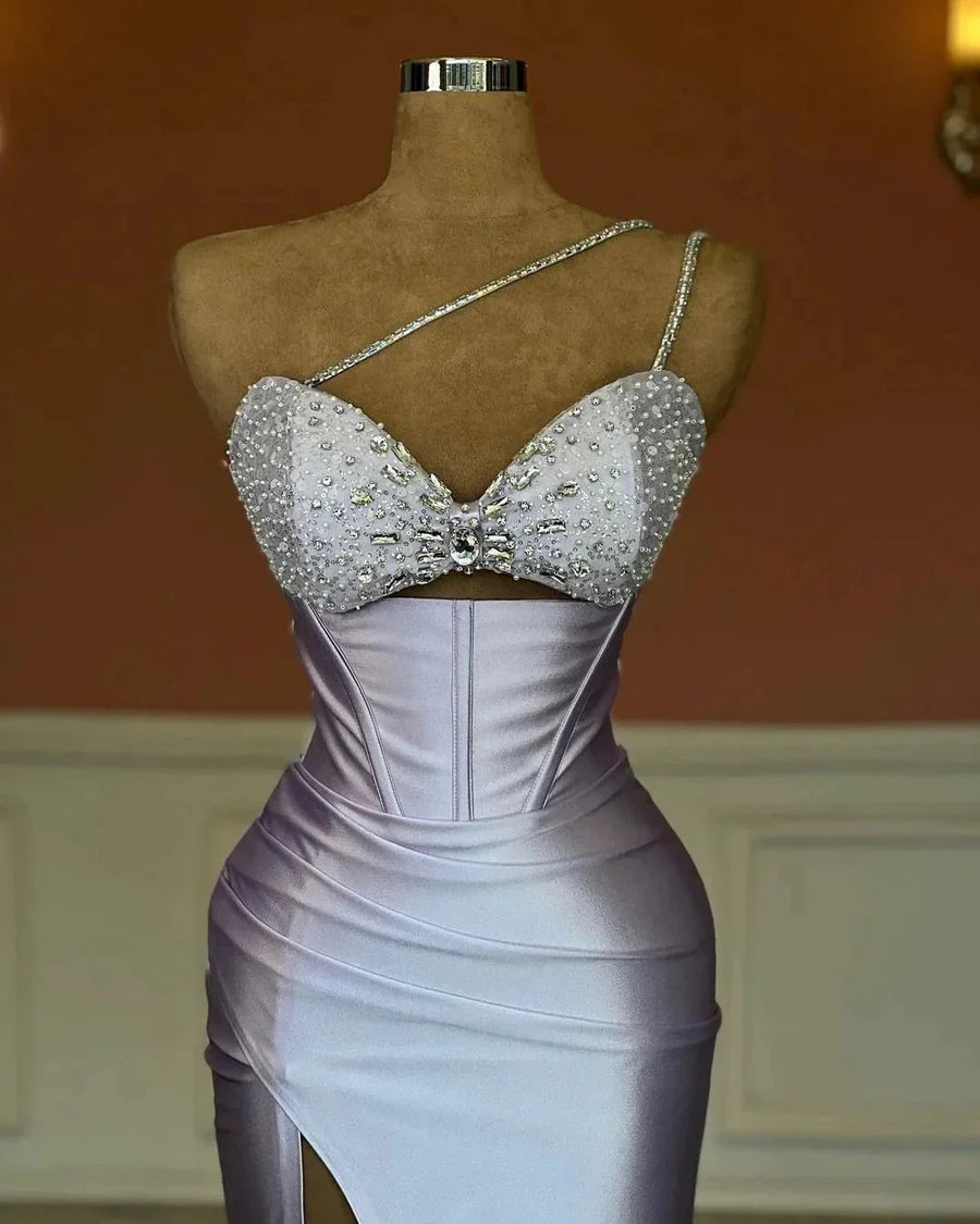 Strapless Beaded Corset Cutout Satin Prom Dress (Lavender)