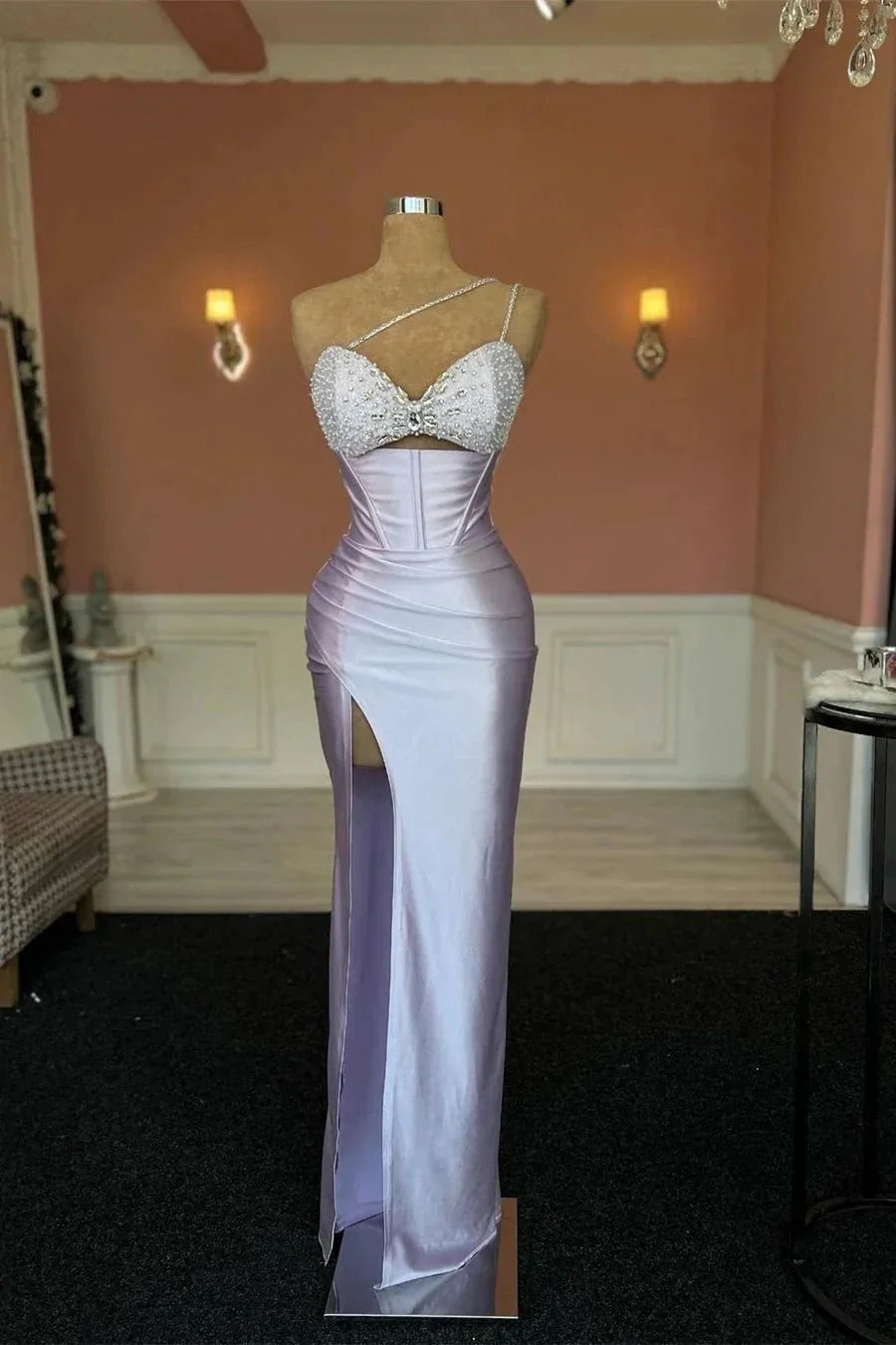 Strapless Beaded Corset Cutout Satin Prom Dress (Lavender)