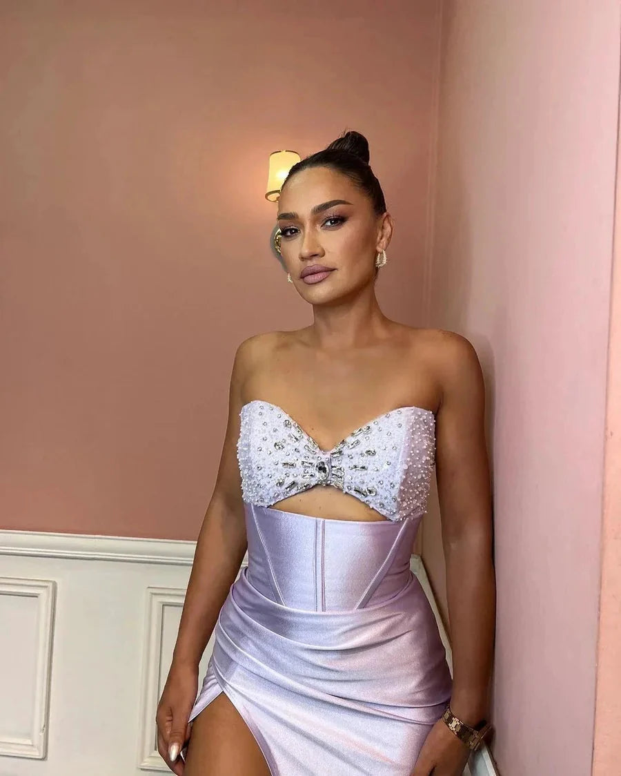 Strapless Beaded Corset Cutout Satin Prom Dress (Lavender)