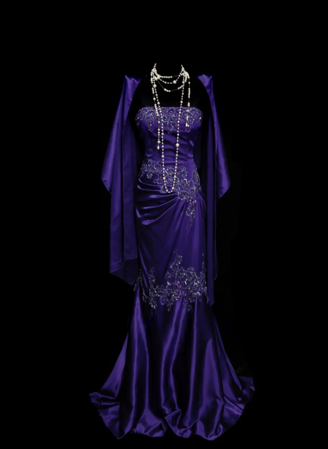 Strapless Beaded Embellished Satin Mermaid Evening Dress with Matching Shawl and Train