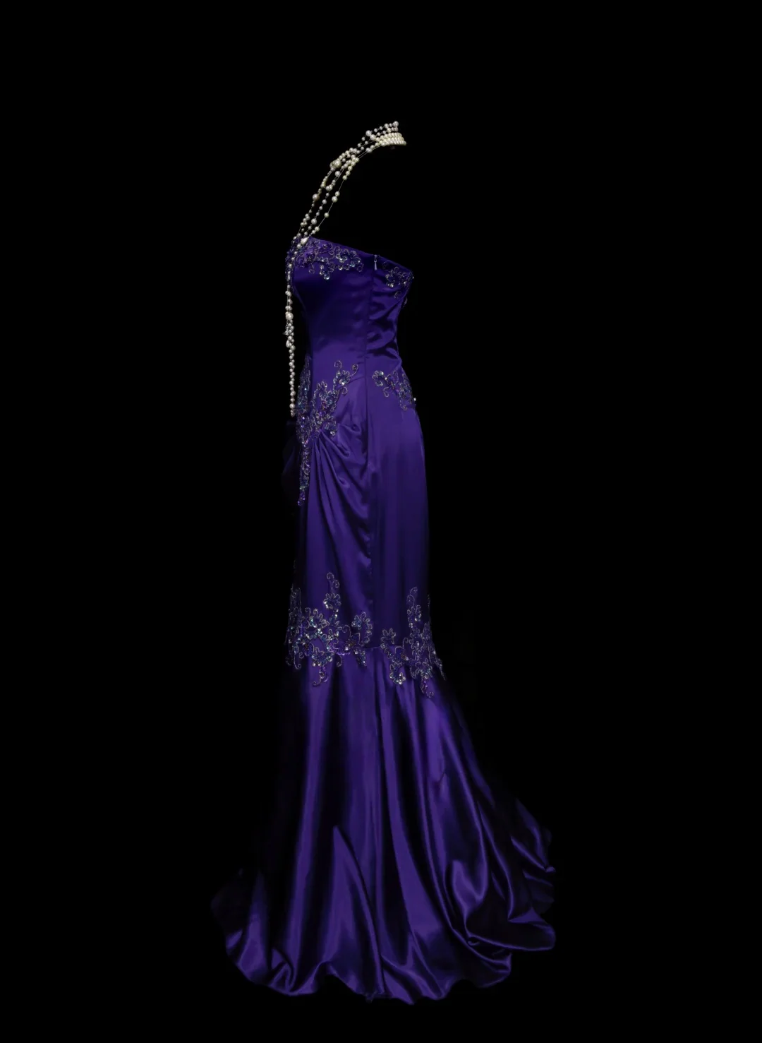 Strapless Beaded Embellished Satin Mermaid Evening Dress with Matching Shawl and Train