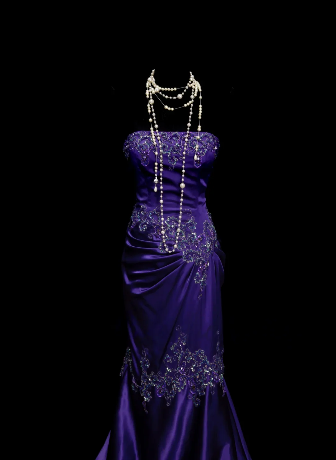 Strapless Beaded Embellished Satin Mermaid Evening Dress with Matching Shawl and Train