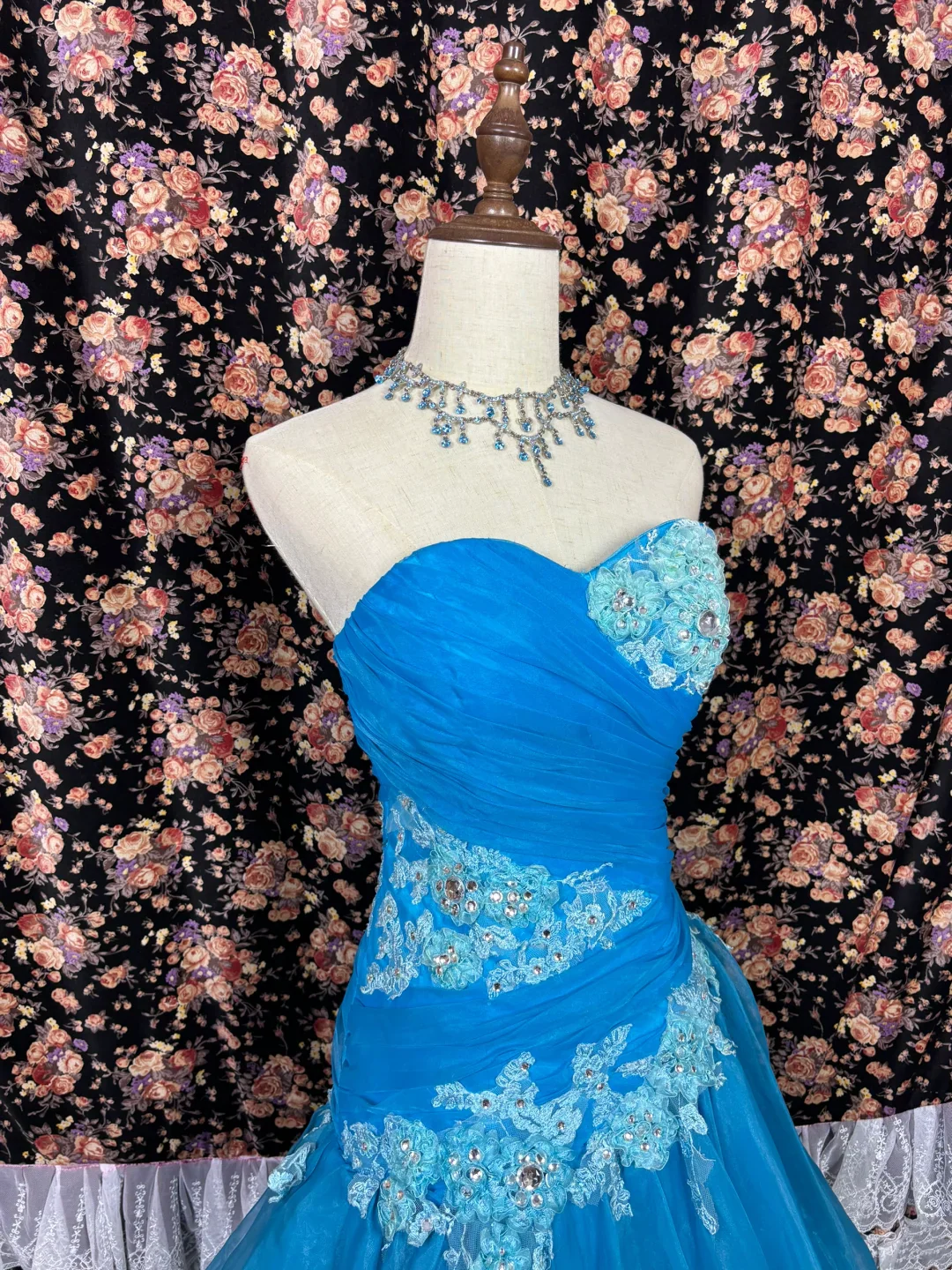 Strapless Beaded Floral Appliqué Tulle Ball Gown Evening Dress with Ruffled Train and Back Tie Closure