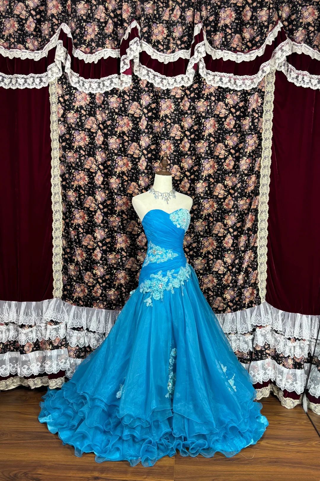 Strapless Beaded Floral Appliqué Tulle Ball Gown Evening Dress with Ruffled Train and Back Tie Closure