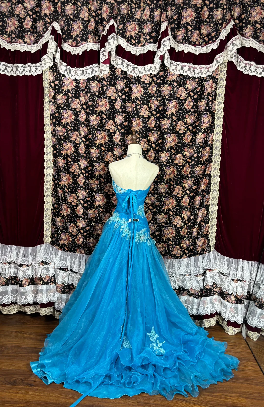 Strapless Beaded Floral Appliqué Tulle Ball Gown Evening Dress with Ruffled Train and Back Tie Closure