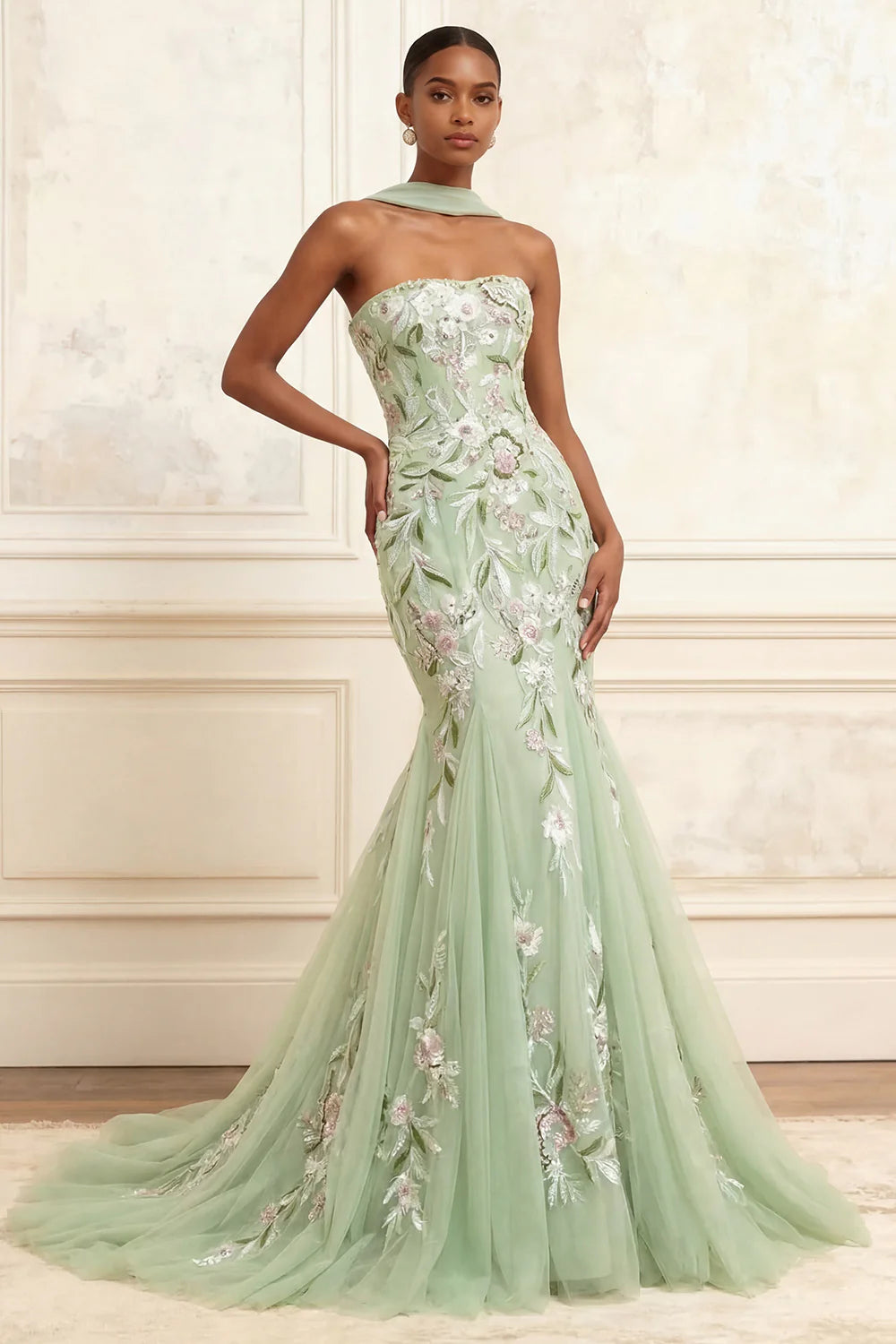 Strapless Halter Neck Floral Embroidered Mermaid Gown with Detachable Tulle Cape and Train Prom Dress