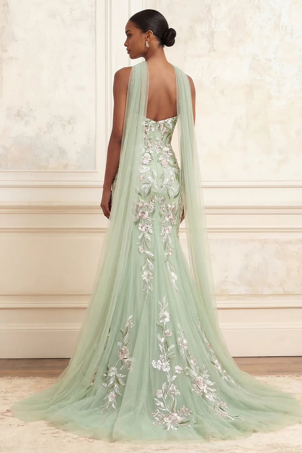 Strapless Halter Neck Floral Embroidered Mermaid Gown with Detachable Tulle Cape and Train Prom Dress