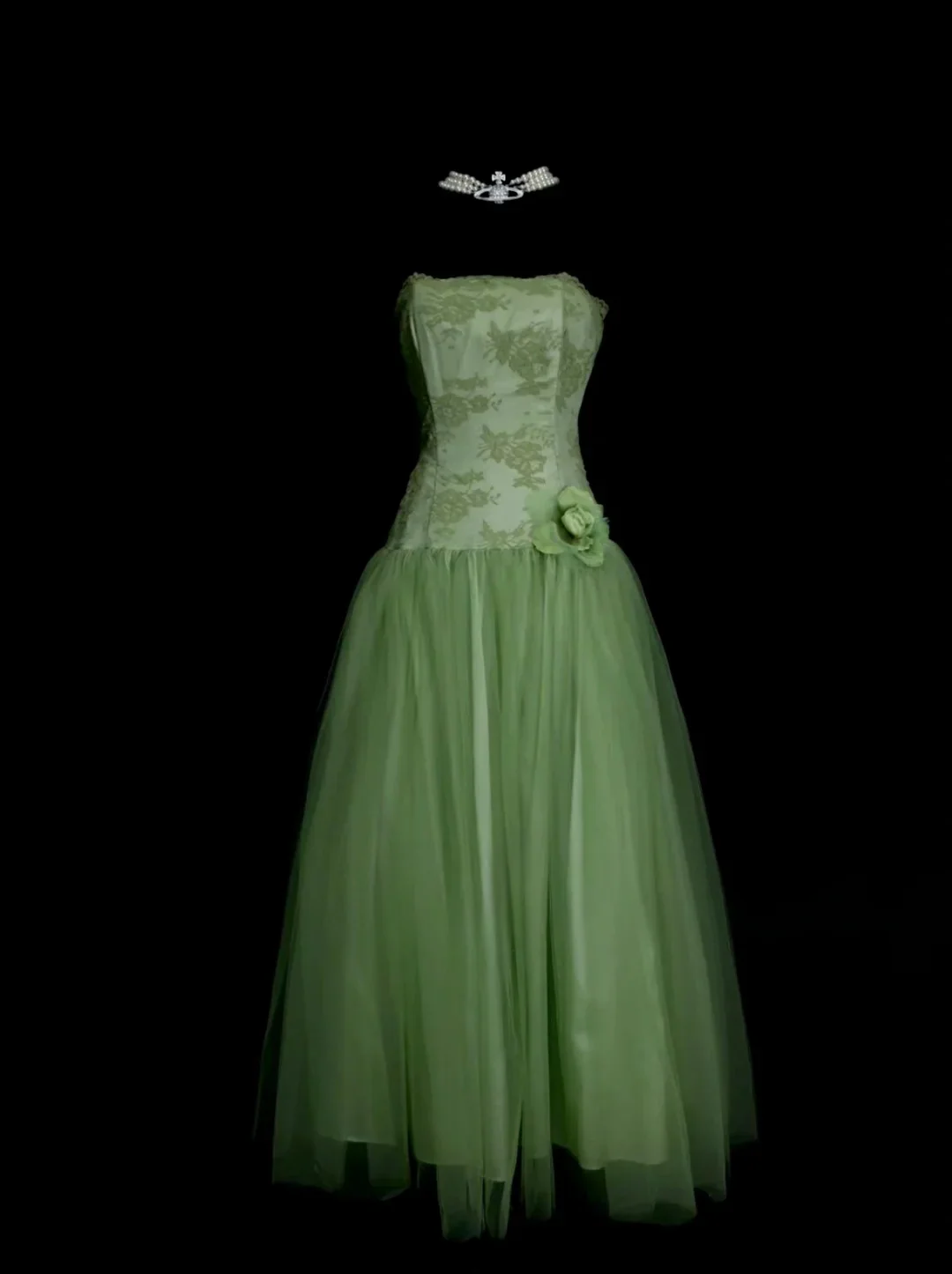 Strapless Lace Bodice Tulle Tea-Length Evening Dress with Floral Applique