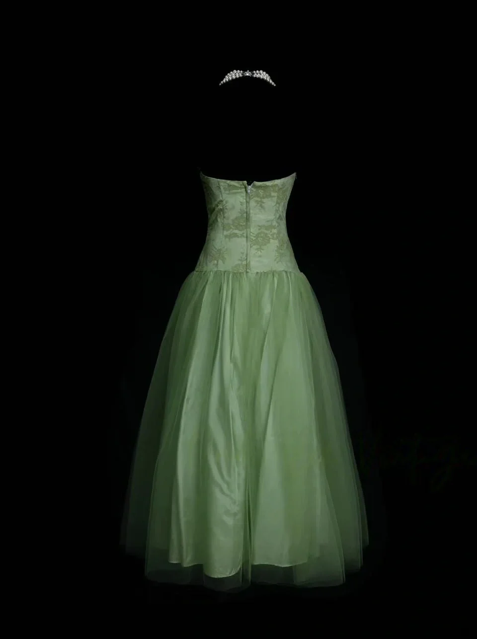 Strapless Lace Bodice Tulle Tea-Length Evening Dress with Floral Applique