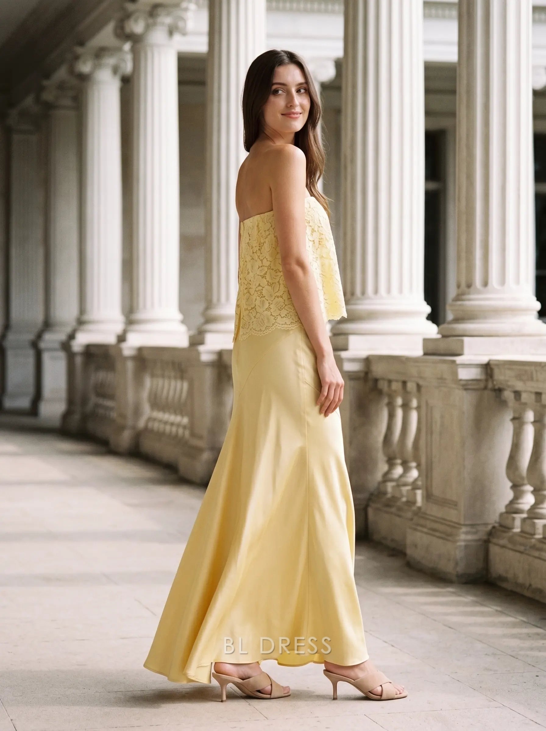 Strapless Lace Overlay Satin Mermaid Floor Length Formal Evening Prom Dress