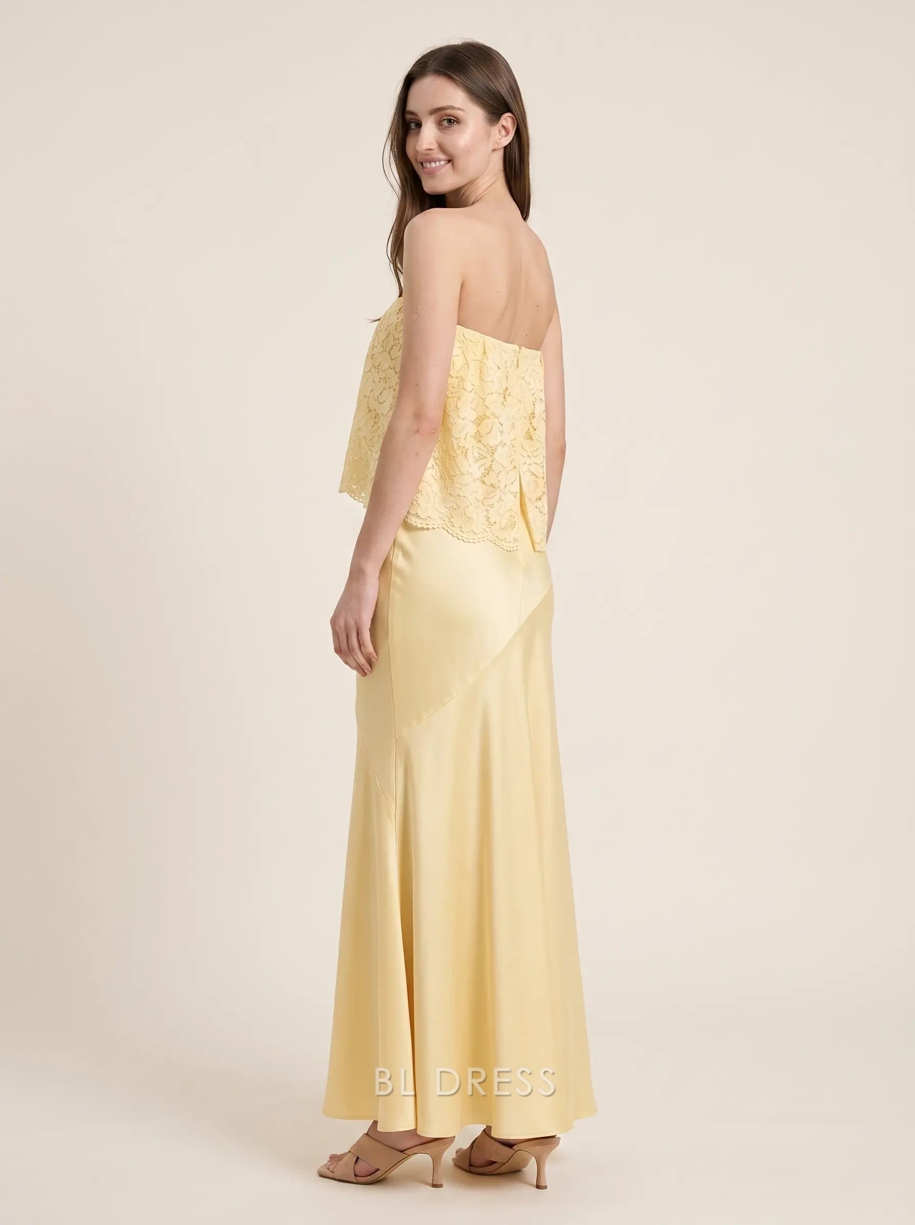 Strapless Lace Overlay Satin Mermaid Floor Length Formal Evening Prom Dress