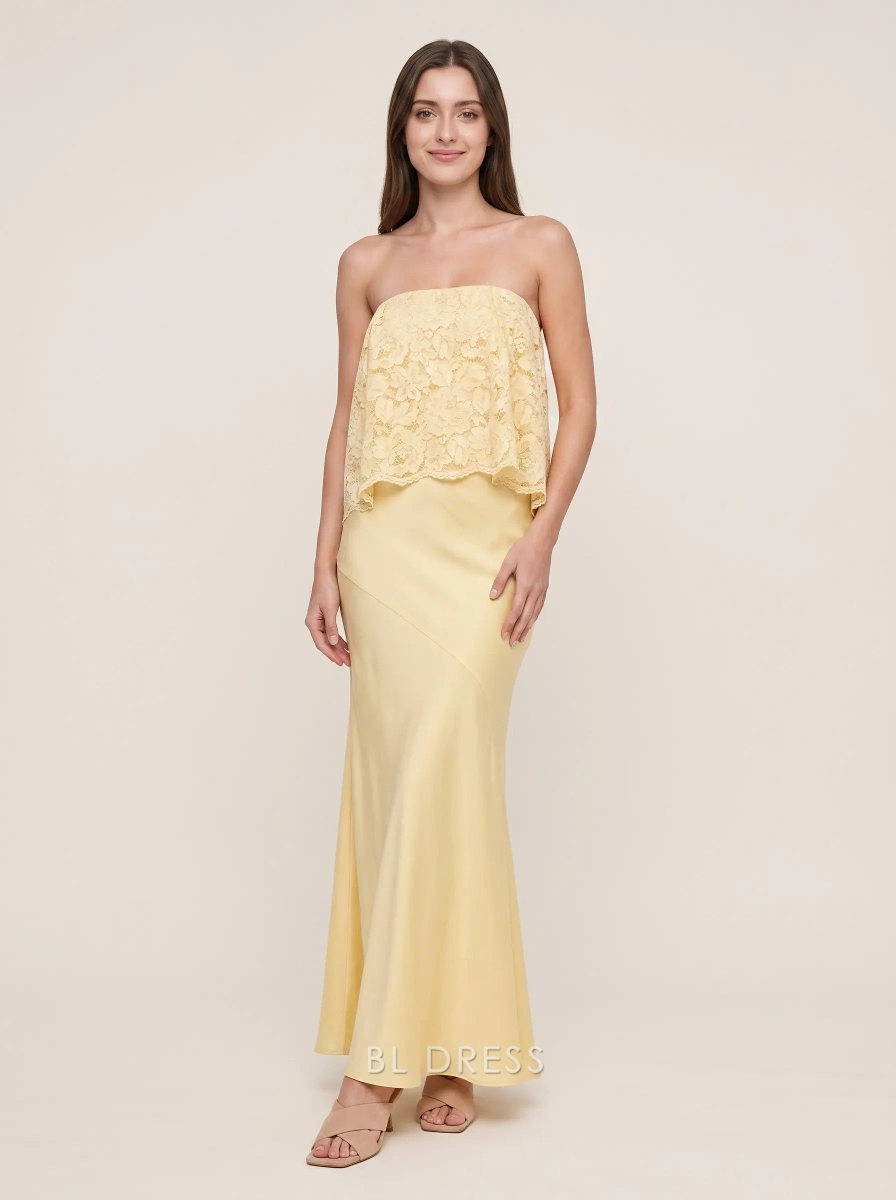 Strapless Lace Overlay Satin Mermaid Floor Length Formal Evening Prom Dress