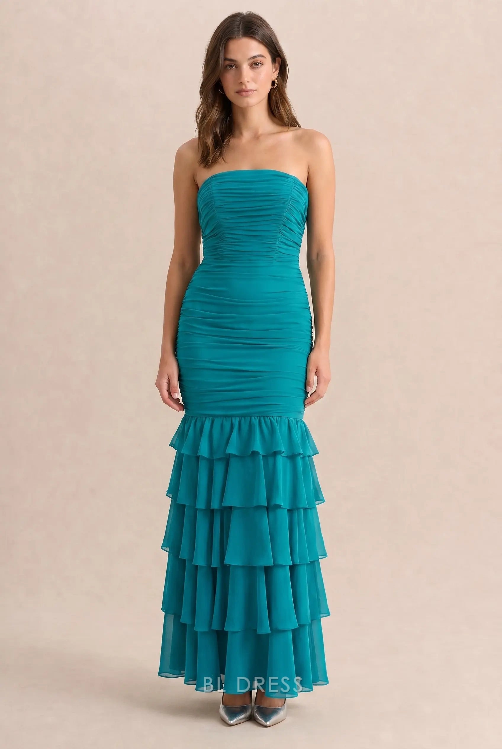 Strapless Ruched Bodice Lace-Up Back Tiered Ruffle Chiffon Mermaid Floor Length Prom Dress