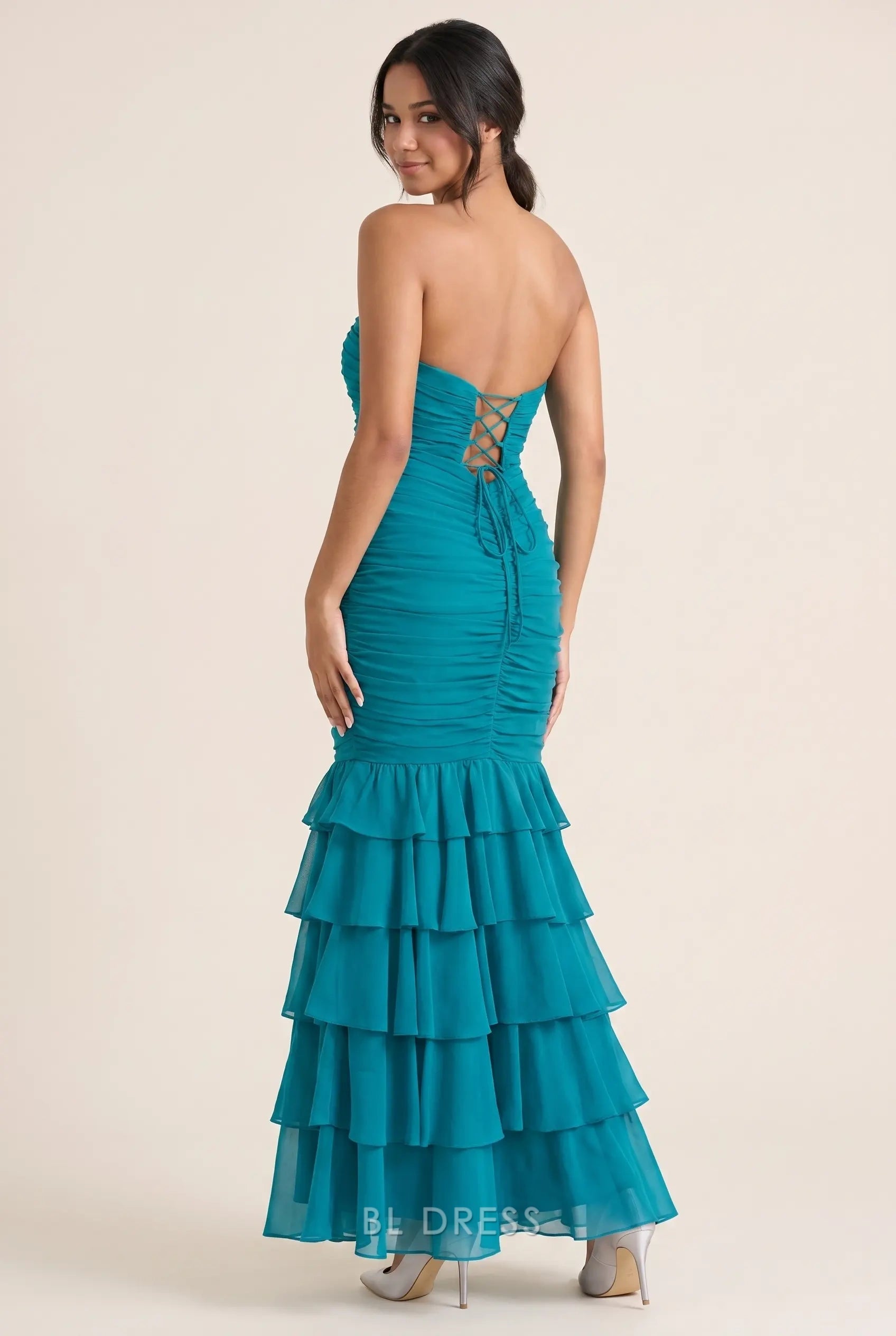 Strapless Ruched Bodice Lace-Up Back Tiered Ruffle Chiffon Mermaid Floor Length Prom Dress