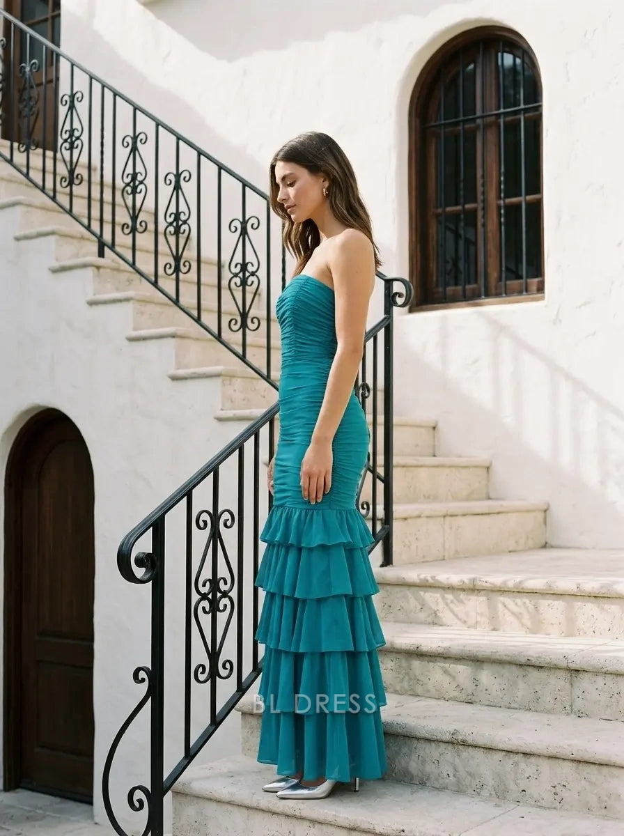 Strapless Ruched Bodice Lace-Up Back Tiered Ruffle Chiffon Mermaid Floor Length Prom Dress