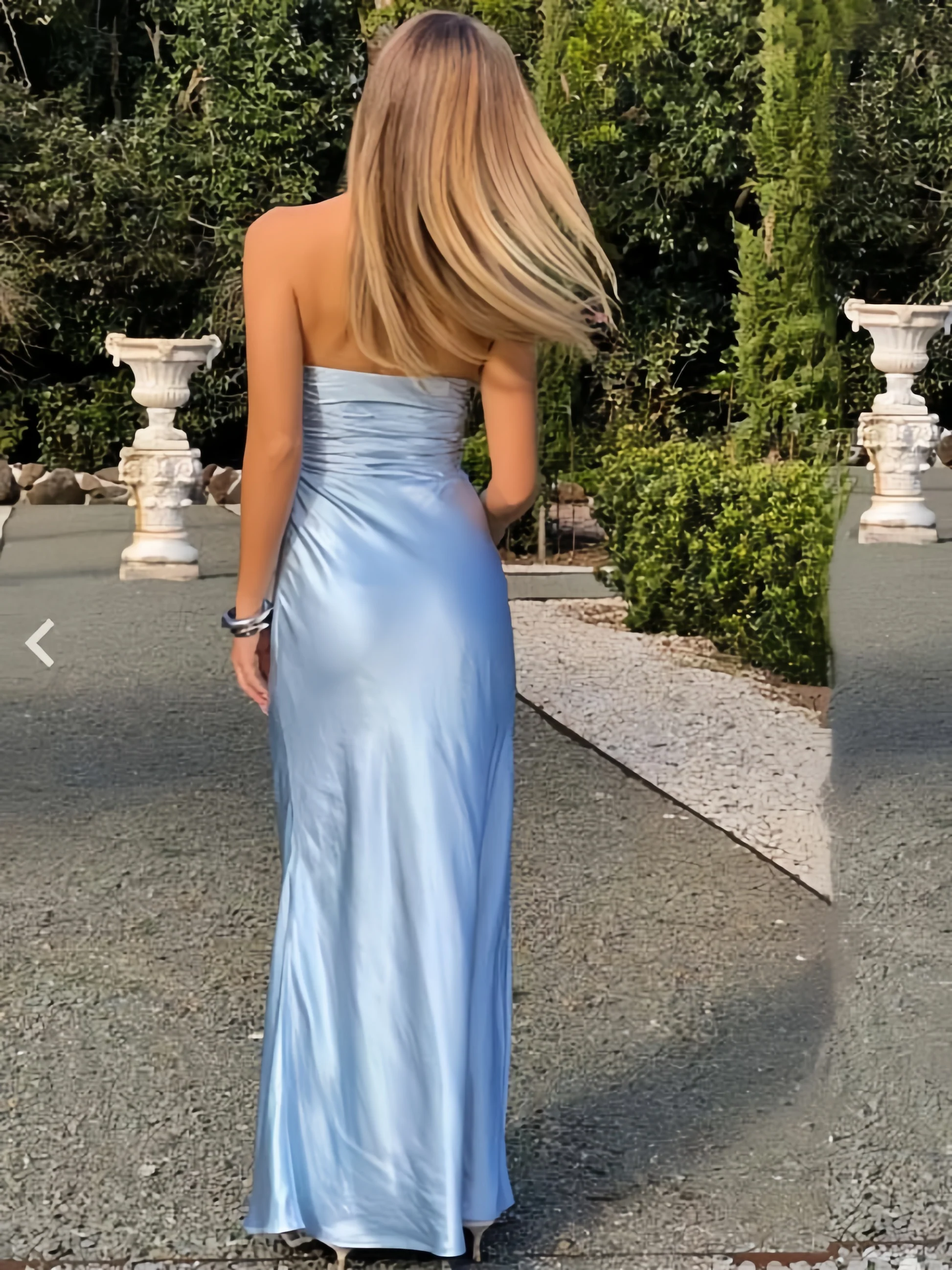 Strapless Ruched Satin Maxi Evening Dress with Open Back and Flowing Skirt
