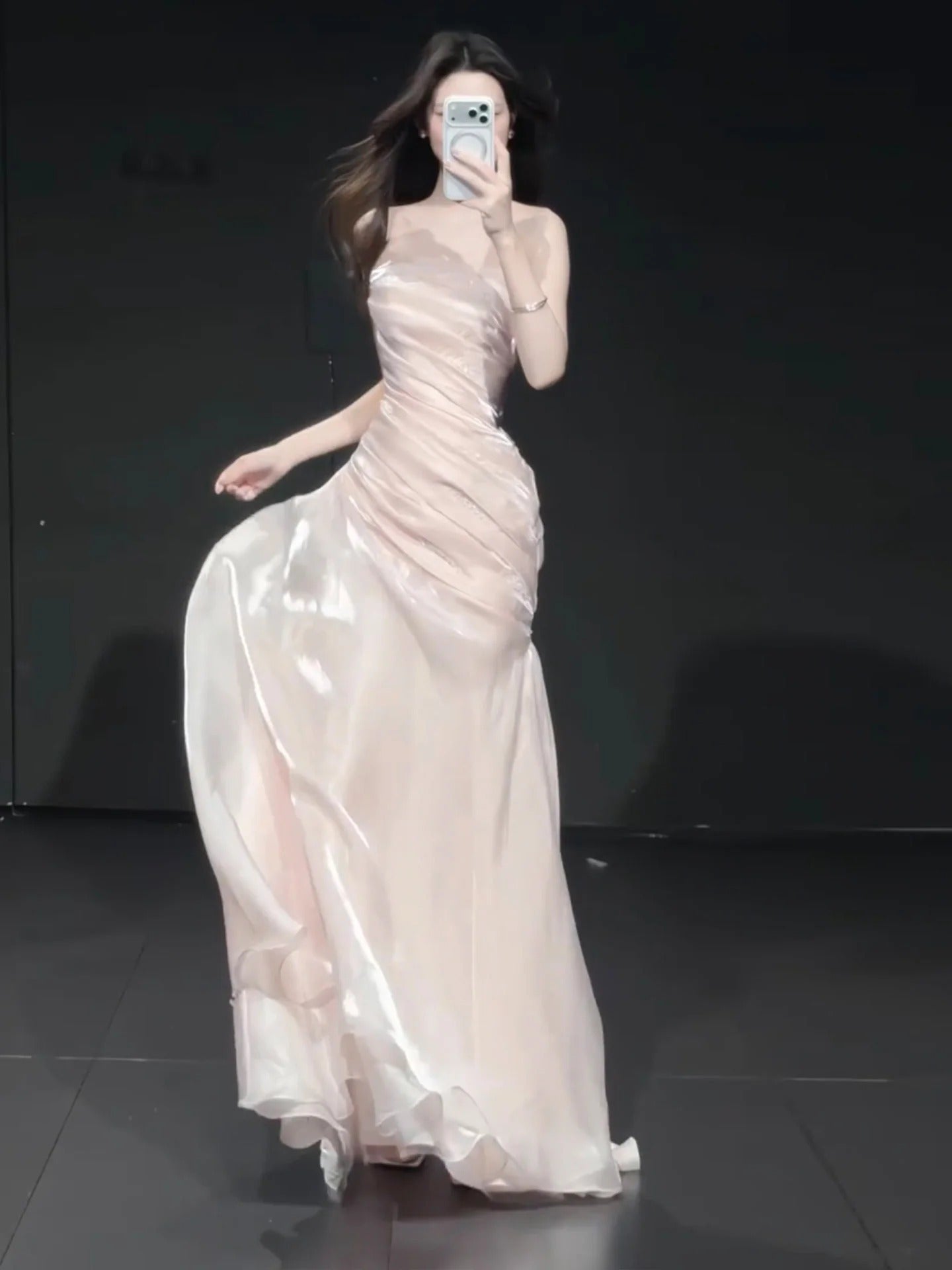 Strapless Ruched Waist Satin High Slit Train Mermaid Evening Dresses