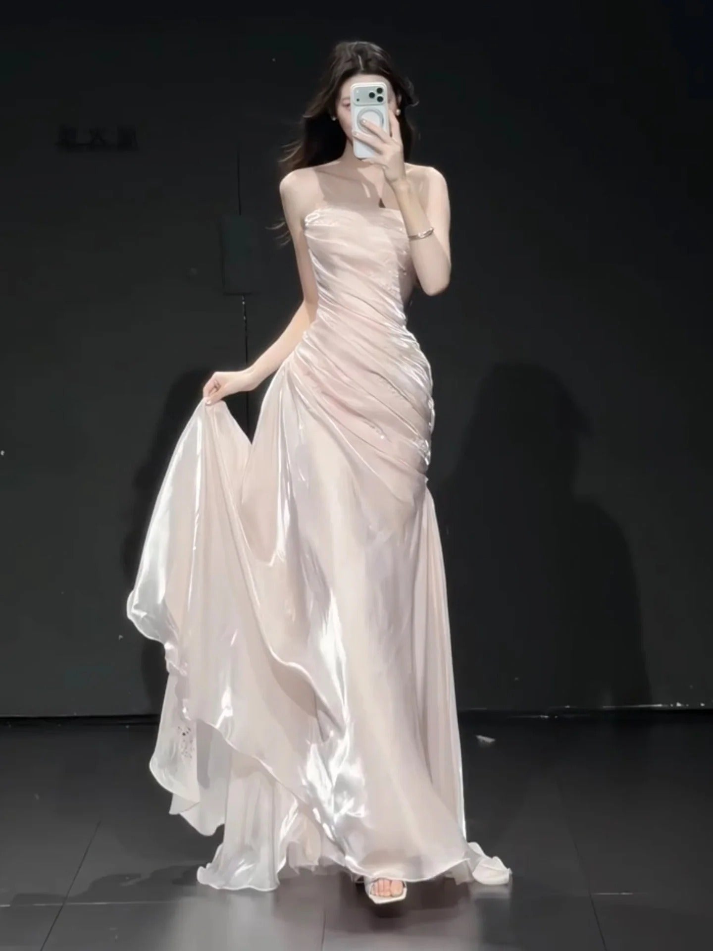 Strapless Ruched Waist Satin High Slit Train Mermaid Evening Dresses