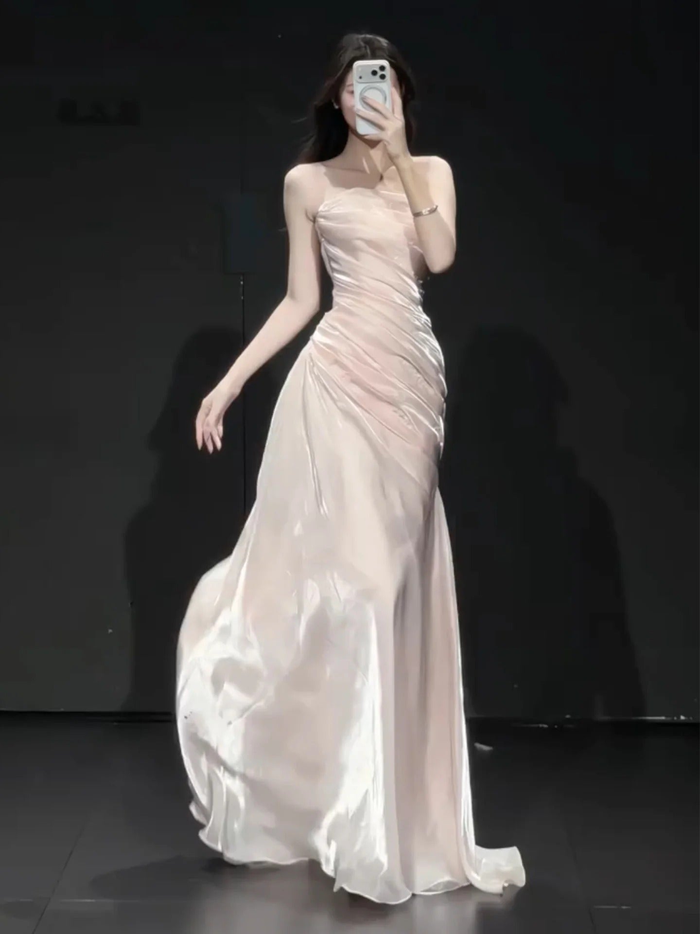 Strapless Ruched Waist Satin High Slit Train Mermaid Evening Dresses