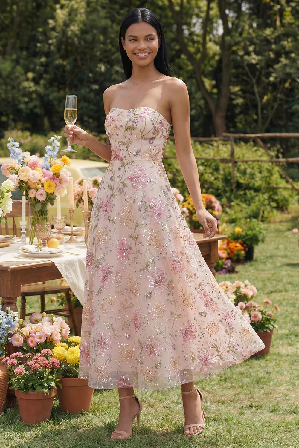 Strapless Sequin Floral Embroidered A-Line Midi Dress with Open Back Prom Dress