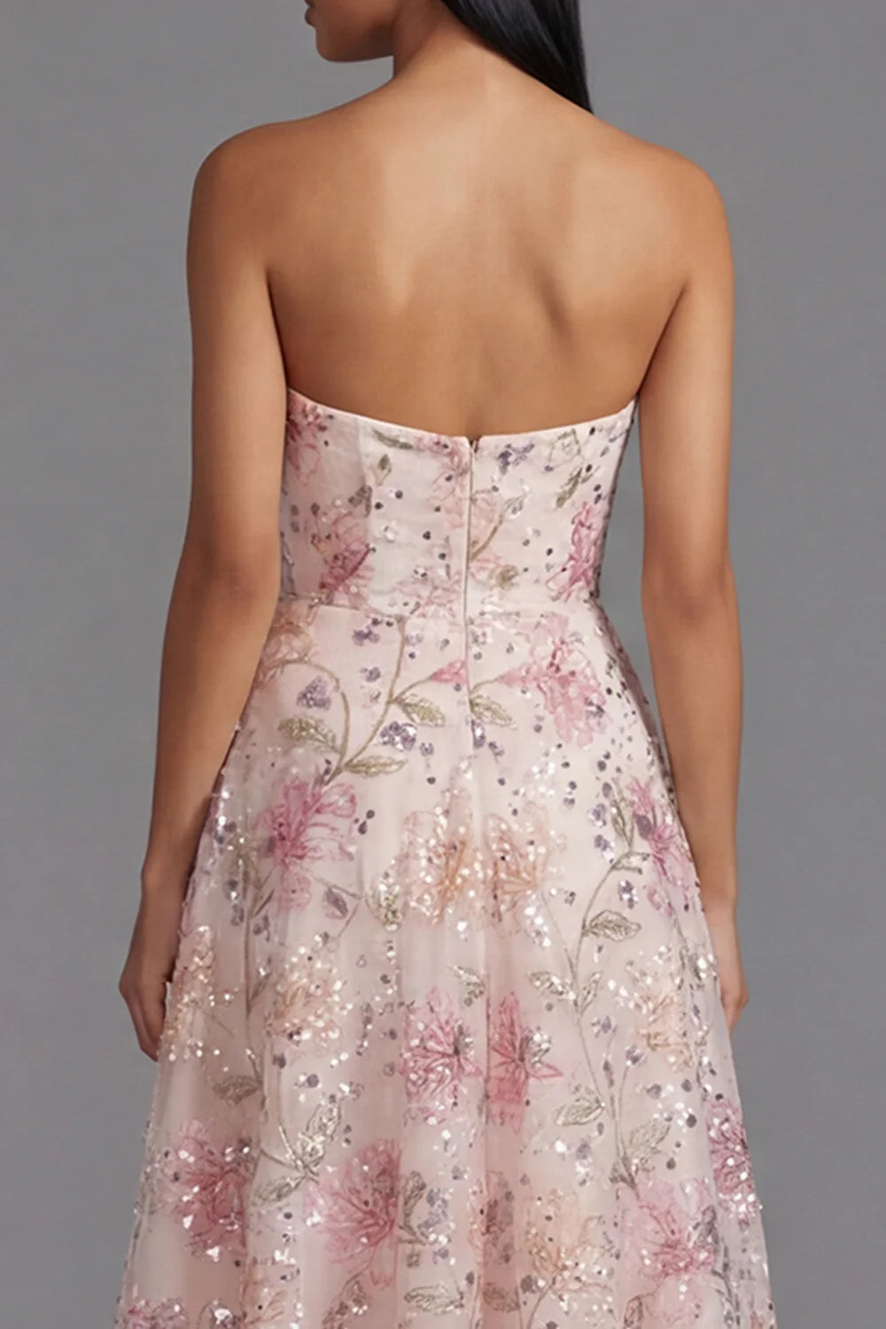 Strapless Sequin Floral Embroidered A-Line Midi Dress with Open Back Prom Dress