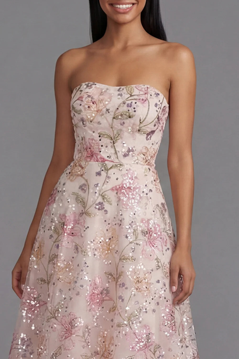 Strapless Sequin Floral Embroidered A-Line Midi Dress with Open Back Prom Dress