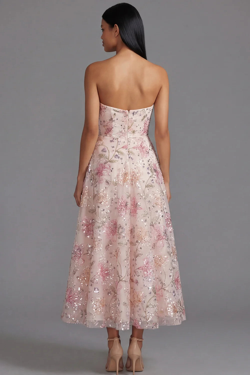 Strapless Sequin Floral Embroidered A-Line Midi Dress with Open Back Prom Dress