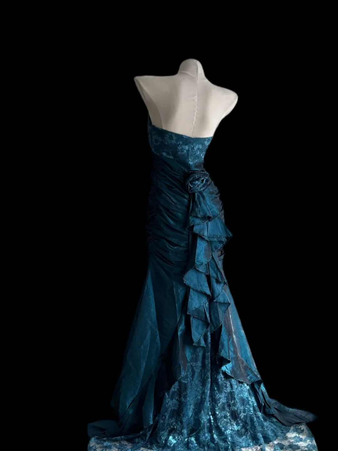 Strapless Sweetheart Beaded Lace Bodice Beaded Waistband Ruched Satin Train Mermaid Evening Dresses