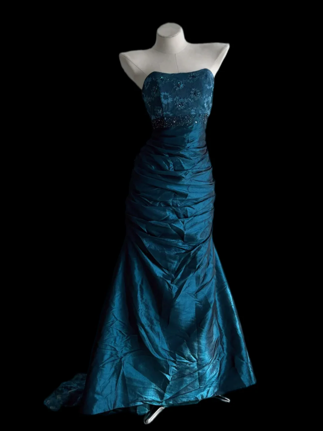 Strapless Sweetheart Beaded Lace Bodice Beaded Waistband Ruched Satin Train Mermaid Evening Dresses