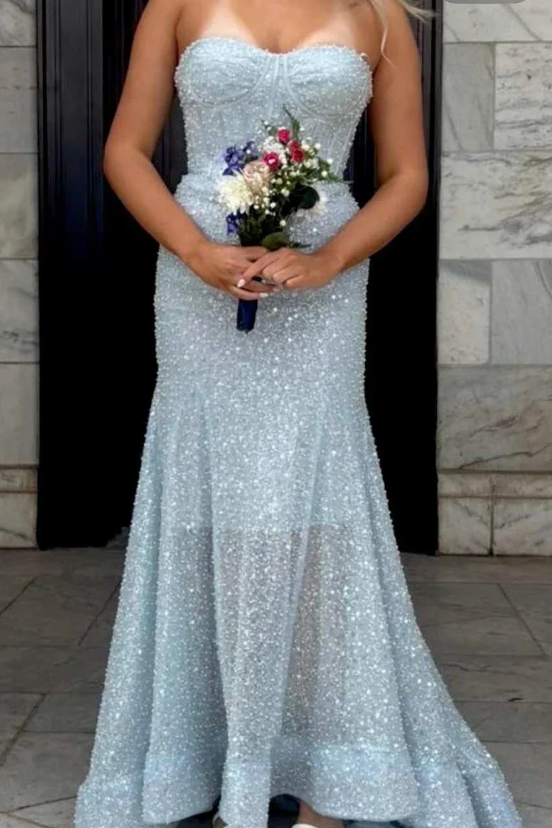 Strapless Sweetheart Beaded Mermaid Evening Dress with Sheer Skirt and Sweep Train