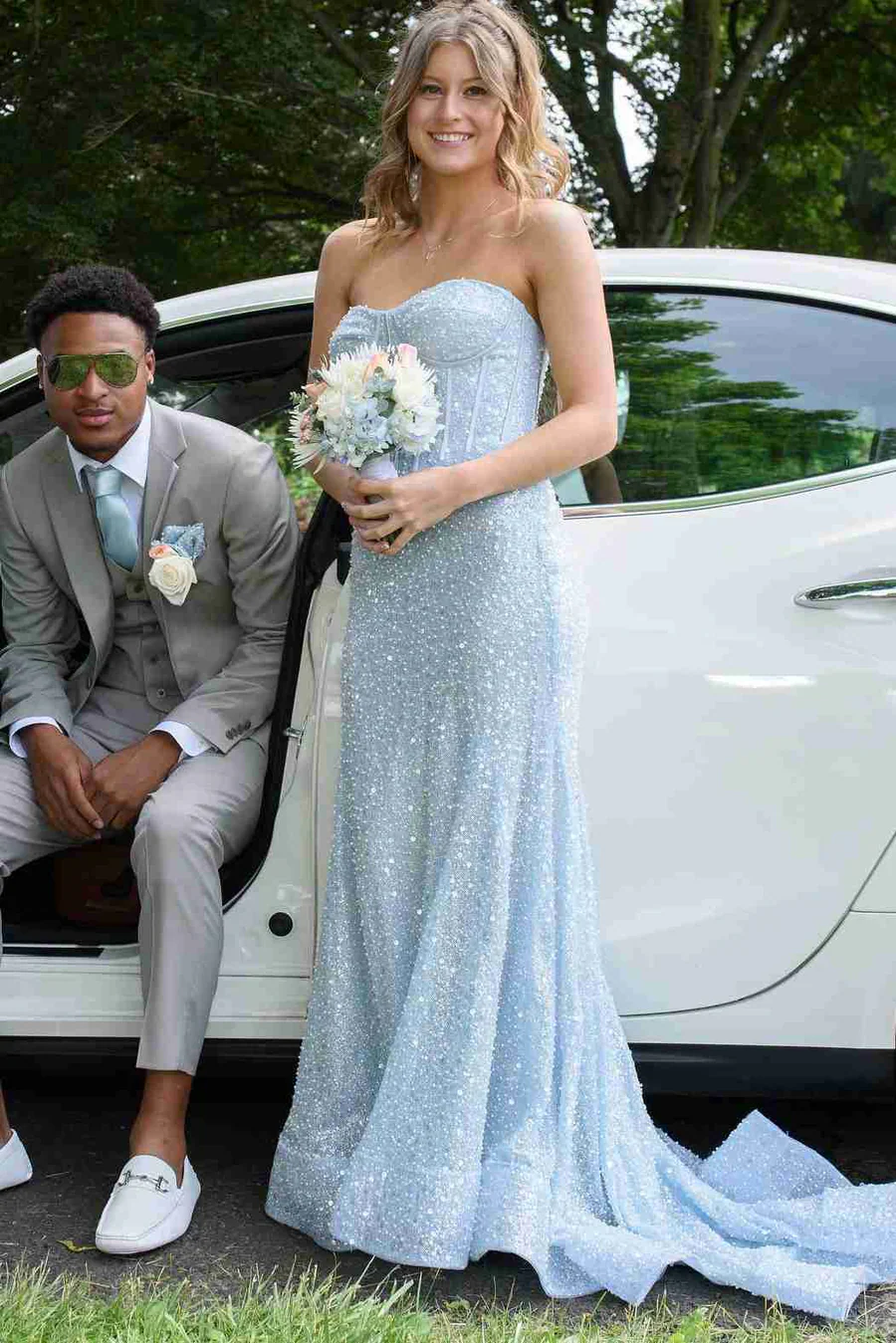 Strapless Sweetheart Beaded Mermaid Evening Dress with Sheer Skirt and Sweep Train