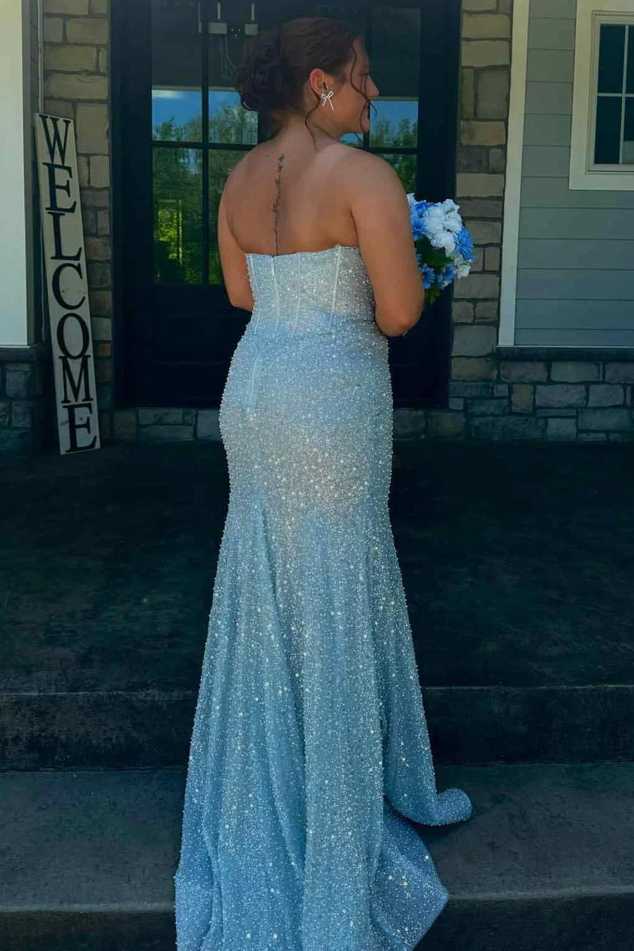 Strapless Sweetheart Beaded Mermaid Evening Dress with Sheer Skirt and Sweep Train