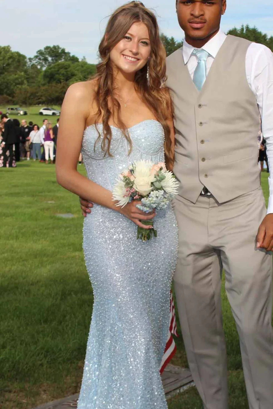 Strapless Sweetheart Beaded Mermaid Evening Dress with Sheer Skirt and Sweep Train