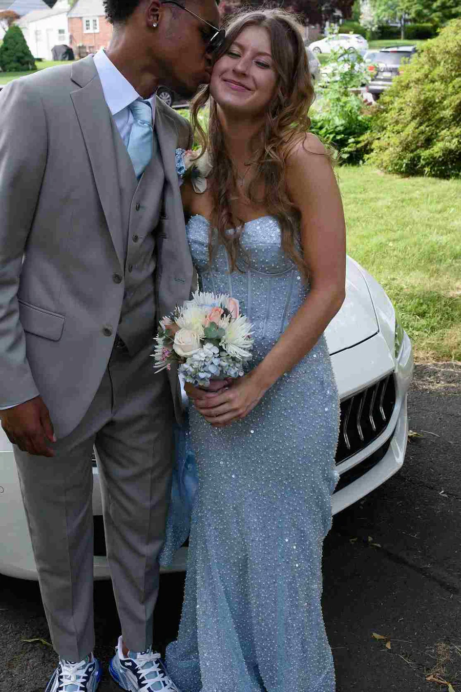 Strapless Sweetheart Beaded Mermaid Evening Dress with Sheer Skirt and Sweep Train