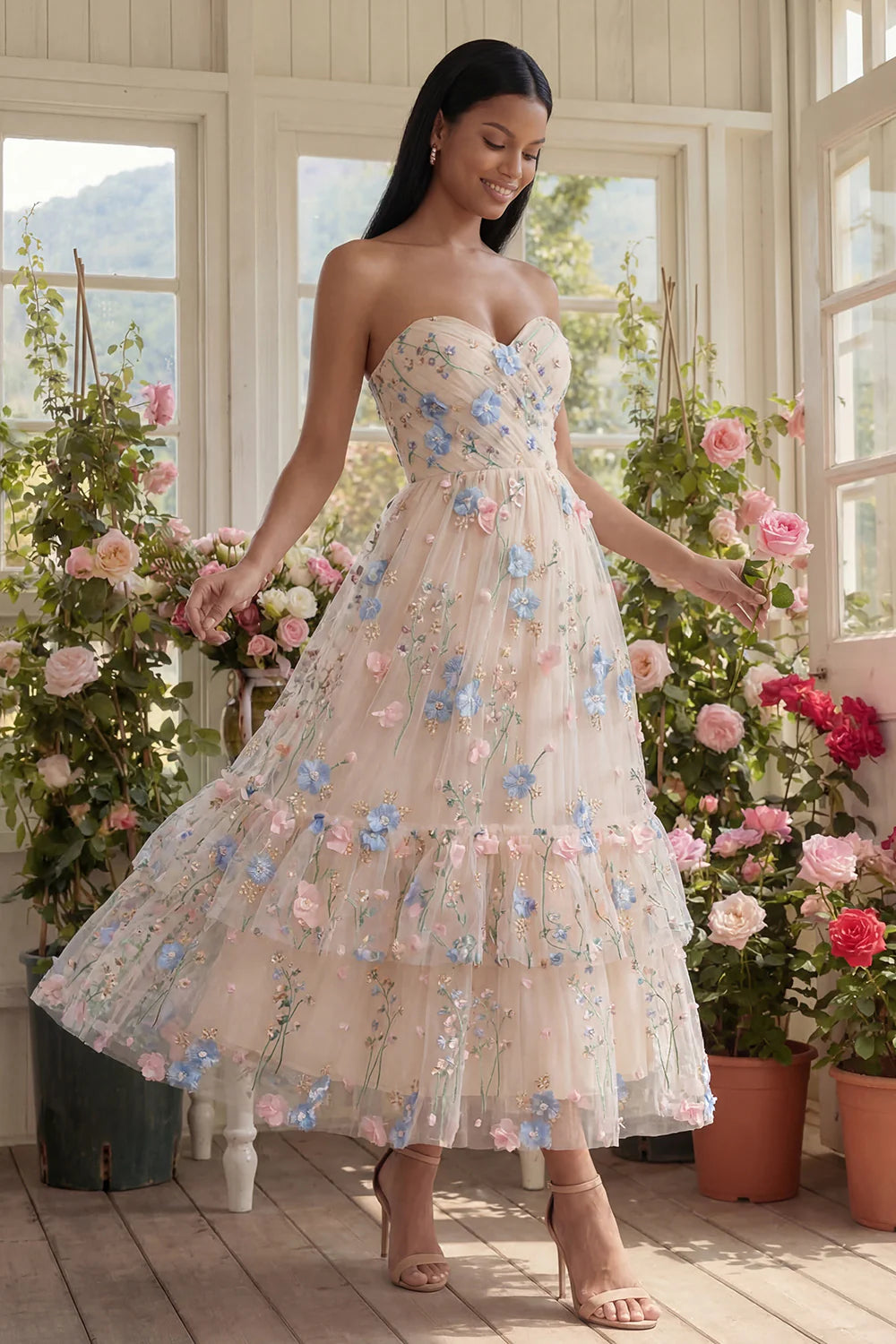 Strapless Sweetheart Neck 3D Floral Embroidered Tiered Tulle Midi Dress Prom Dress