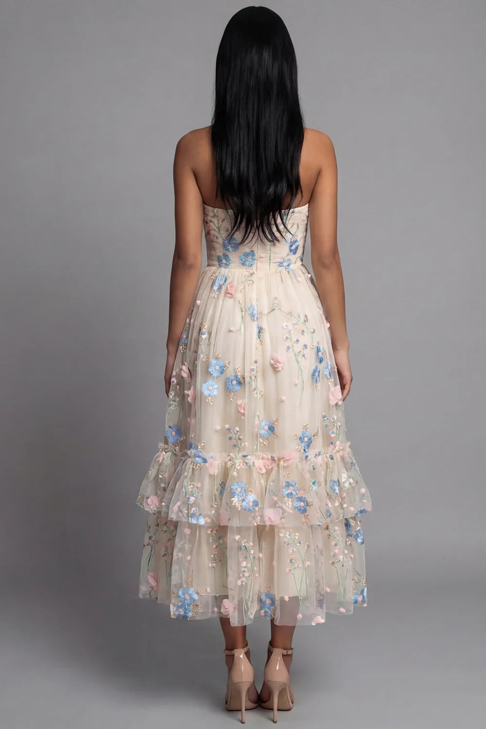 Strapless Sweetheart Neck 3D Floral Embroidered Tiered Tulle Midi Dress Prom Dress