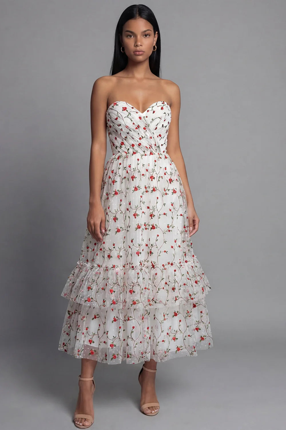 Strapless Sweetheart Neck 3D Floral Embroidered Tiered Tulle Midi Dress Prom Dress