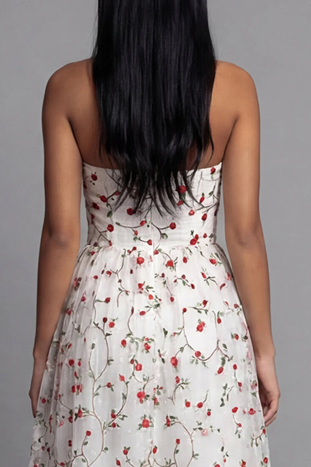 Strapless Sweetheart Neck 3D Floral Embroidered Tiered Tulle Midi Dress Prom Dress