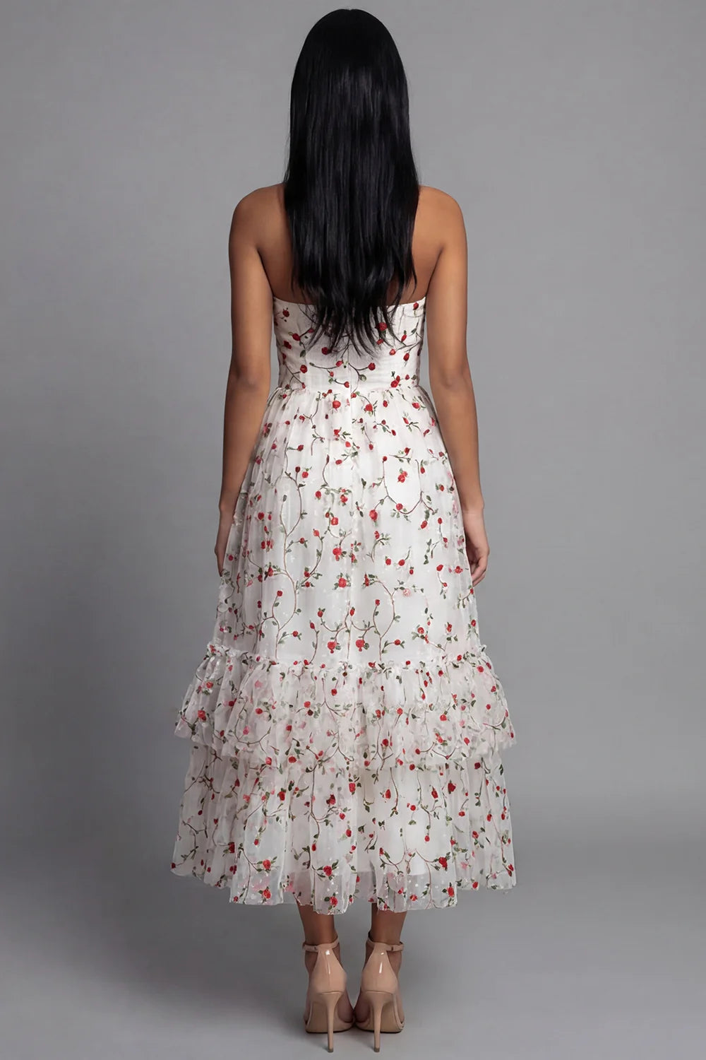 Strapless Sweetheart Neck 3D Floral Embroidered Tiered Tulle Midi Dress Prom Dress