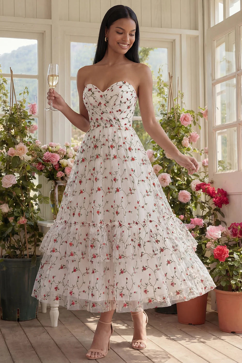 Strapless Sweetheart Neck 3D Floral Embroidered Tiered Tulle Midi Dress Prom Dress