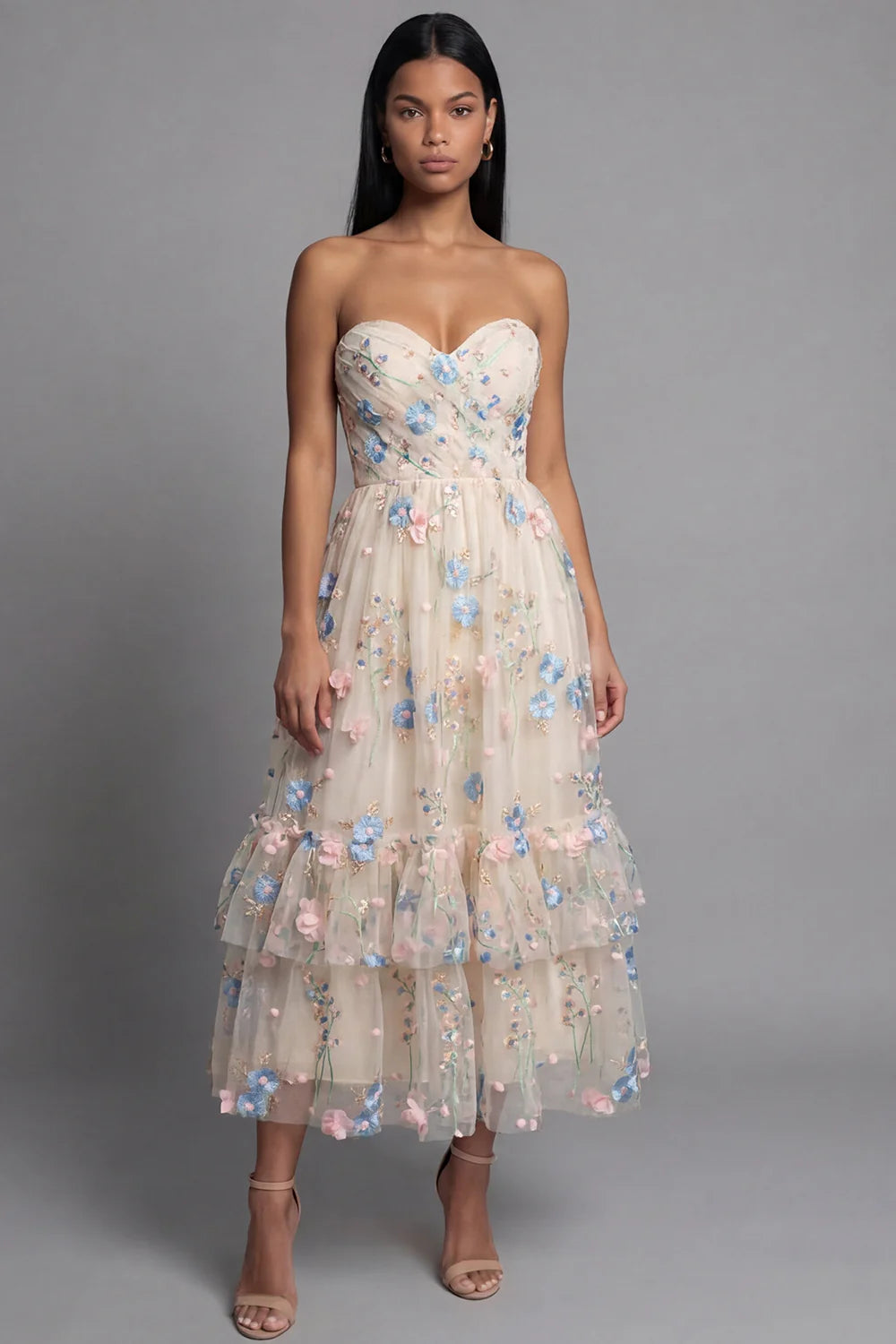 Strapless Sweetheart Neck 3D Floral Embroidered Tiered Tulle Midi Dress Prom Dress