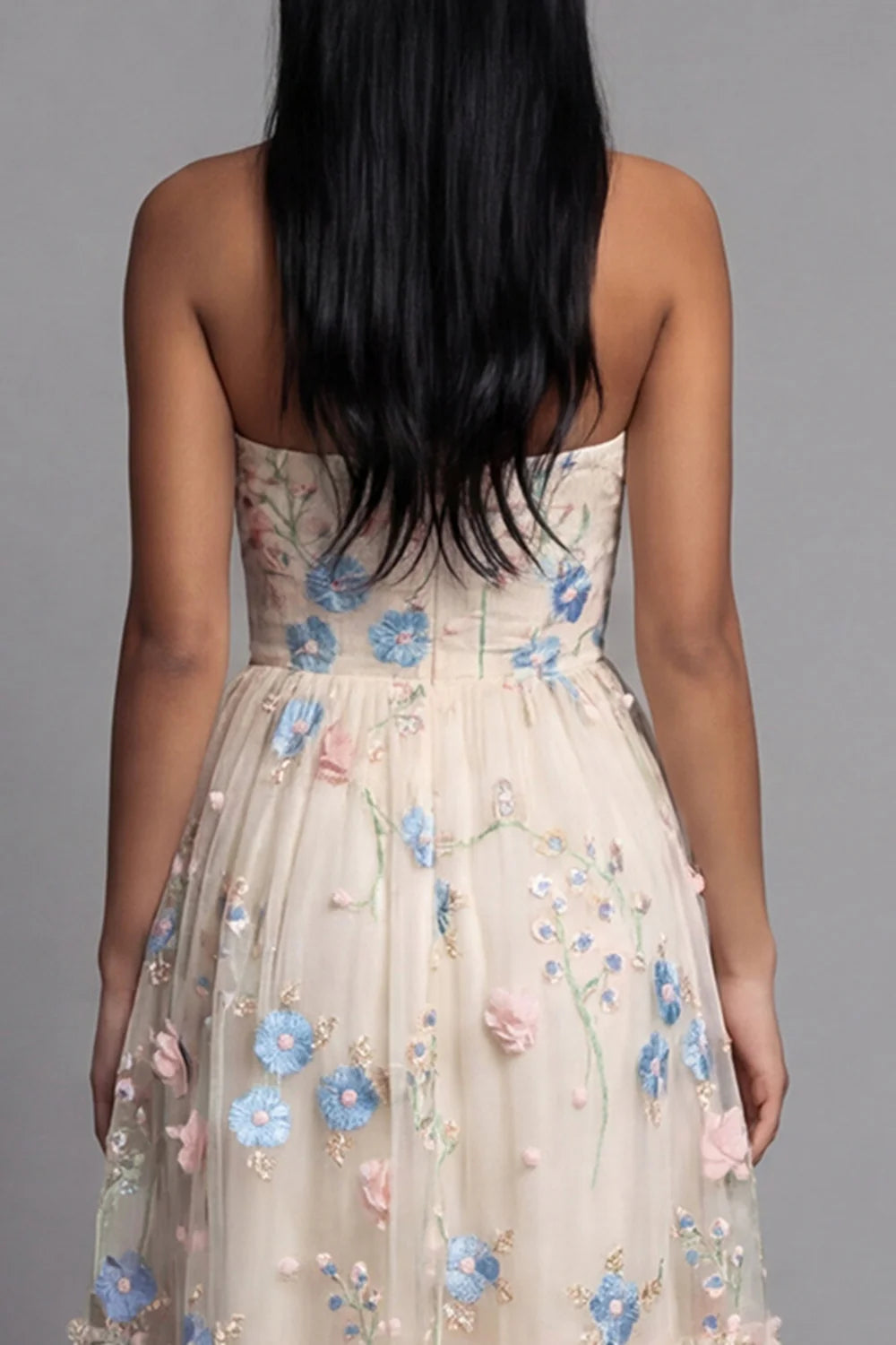 Strapless Sweetheart Neck 3D Floral Embroidered Tiered Tulle Midi Dress Prom Dress