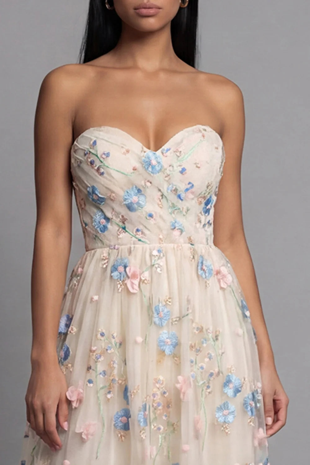 Strapless Sweetheart Neck 3D Floral Embroidered Tiered Tulle Midi Dress Prom Dress