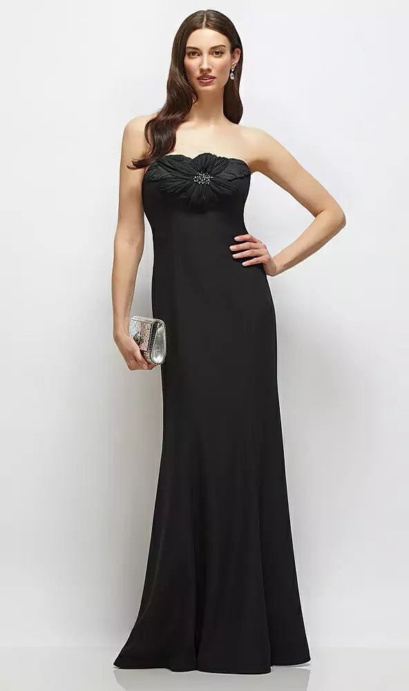 Strapless Sweetheart Neck Floral Applique Mermaid Prom Dresses (Black)