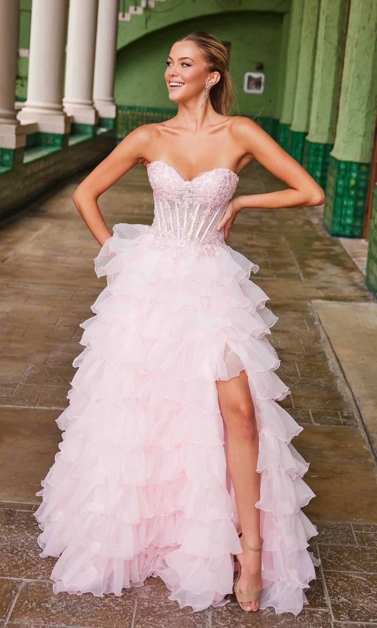 Strapless Sweetheart Neck Lace Corset Tiered Ruffle High Slit Prom Dresses (Blush Pink)