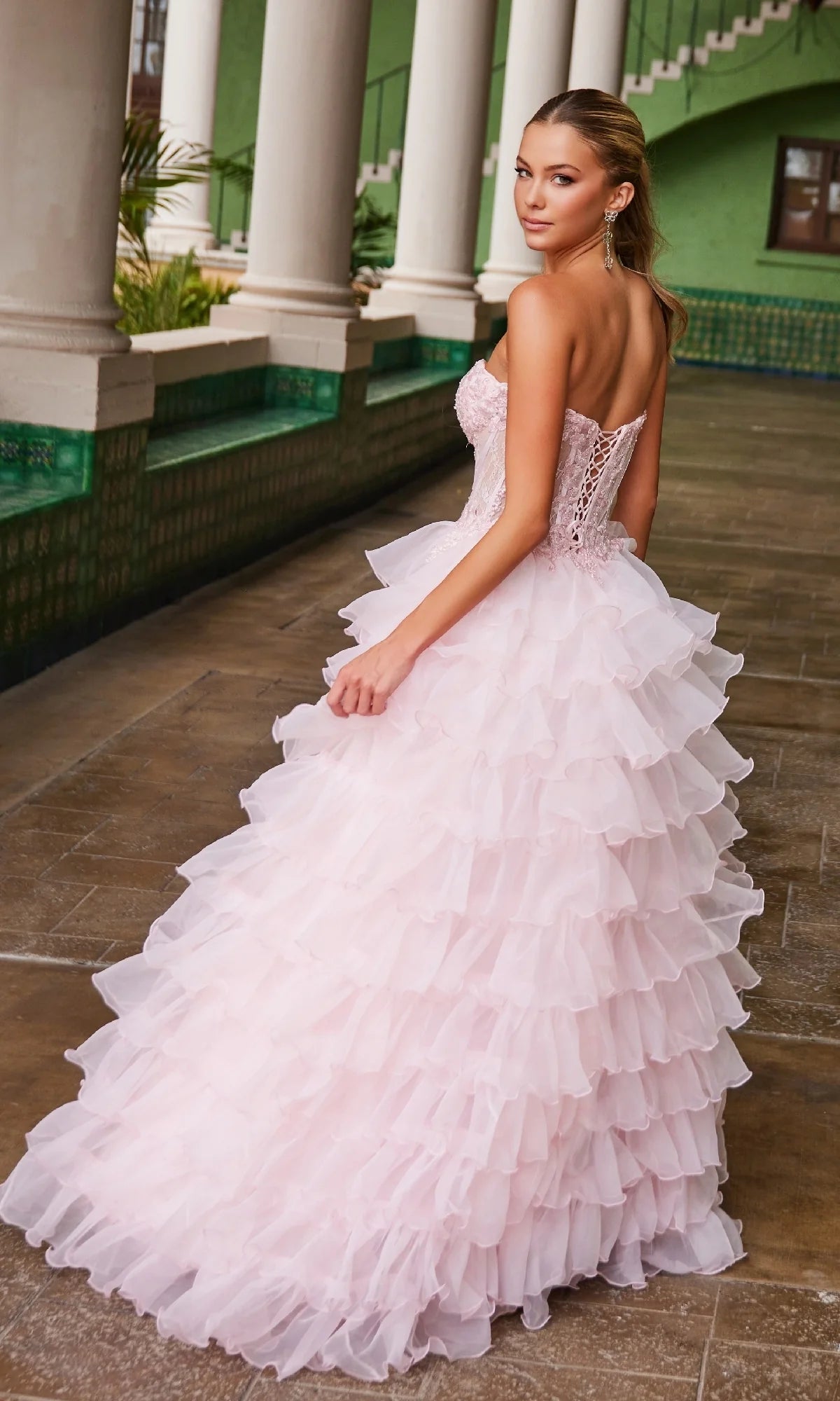 Strapless Sweetheart Neck Lace Corset Tiered Ruffle High Slit Prom Dresses (Blush Pink)