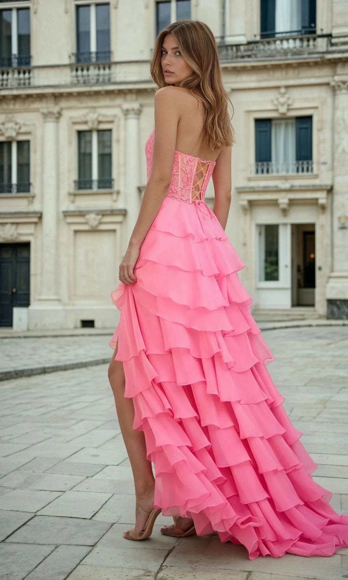 Strapless Sweetheart Neck Lace Corset Tiered Ruffle High Slit Prom Dresses (Hot Pink)