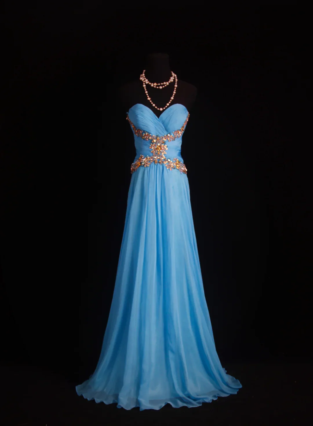 Strapless Sweetheart Ruched Bodice Multi Color Beaded Appliqué Zipper Back Chiffon Evening Dresses