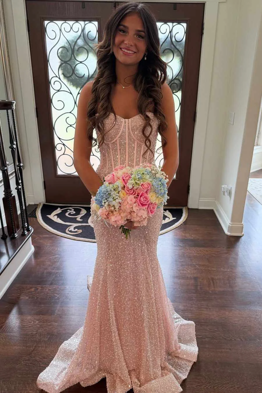 Strapless Sweetheart Sequin Mermaid Evening Dress with Boned Corset Bodice and Sweep Train